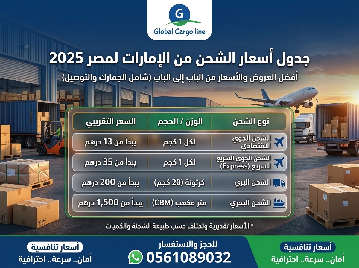 جدول اسعار الشحن من الامارات لمصر 2025
